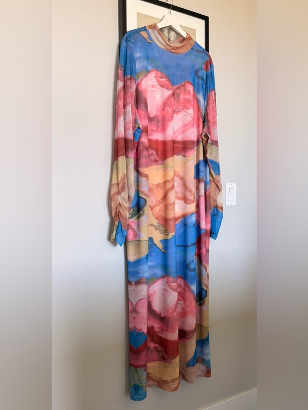 Anthropologie Long Sleeve Maxi Dress in Pink, Blue & Tan